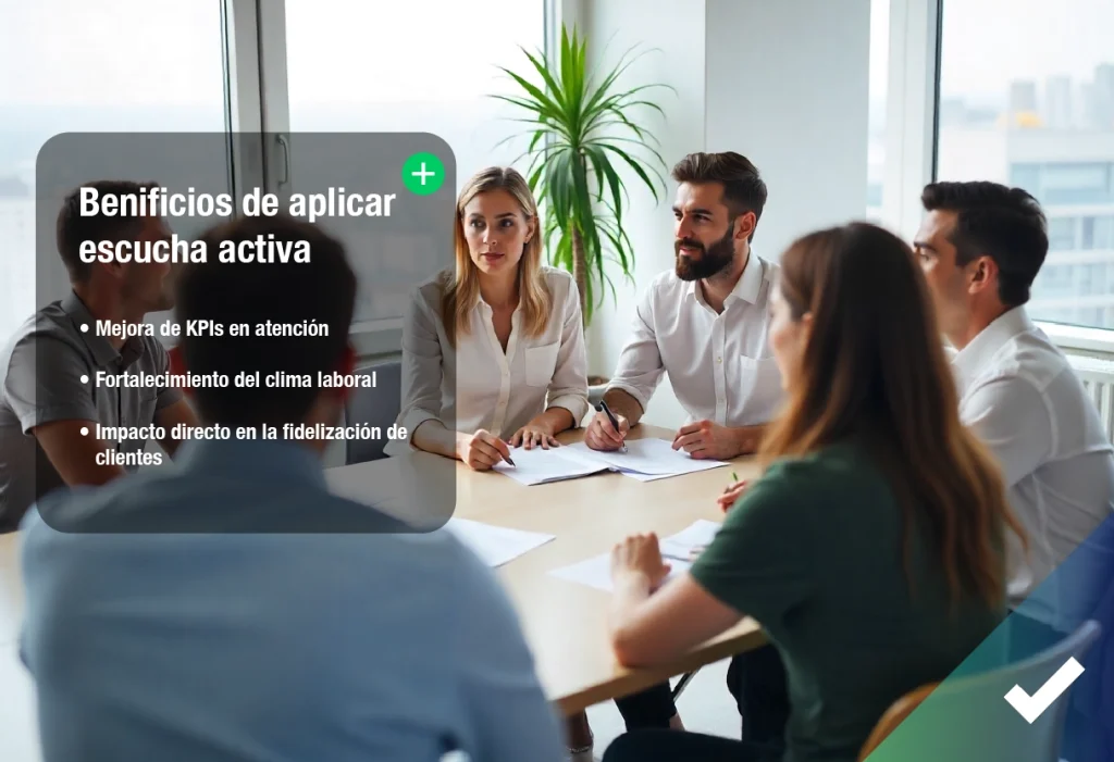 Líder escuchando con atención a su equipo en una mesa de trabajo