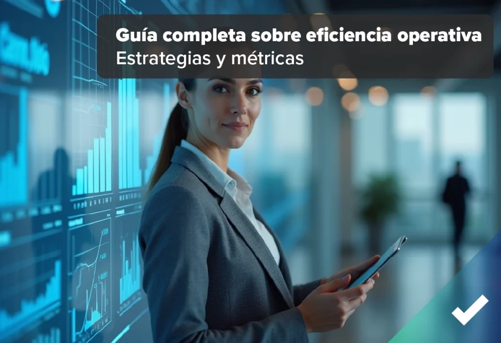 Ejecutiva observando paneles digitales de rendimiento en una oficina moderna de cristal, simbolizando análisis, estrategia y eficiencia operativa en el entorno empresarial.
