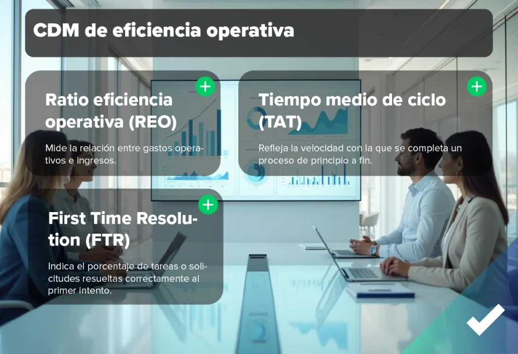 Equipo de profesionales analizando indicadores de eficiencia operativa en una sala de reuniones acristalada, con gráficos de rendimiento en pantalla que muestran métricas clave como REO, TAT y FTR.