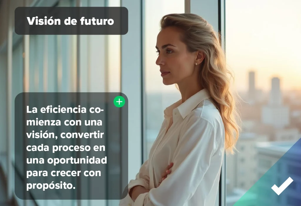 Ejecutiva observando el horizonte desde una oficina acristalada al atardecer, simbolizando visión de futuro, liderazgo y eficiencia orientada al propósito empresarial.
